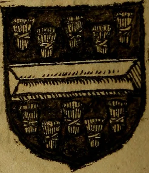 An illustration from Le jardin d'armoiries : contenant les armes de plusieurs nobles royaumes & maisons de Germanie Inferieure: oeuvre autant nouveau, que proufitable à tous amateurs du noble exercice d'armes. Den boomagert der wapenen, inhoudende wapenen van vele edele huysen van dese Nederlanden, en andere onliggende .., 1567, leaf 351