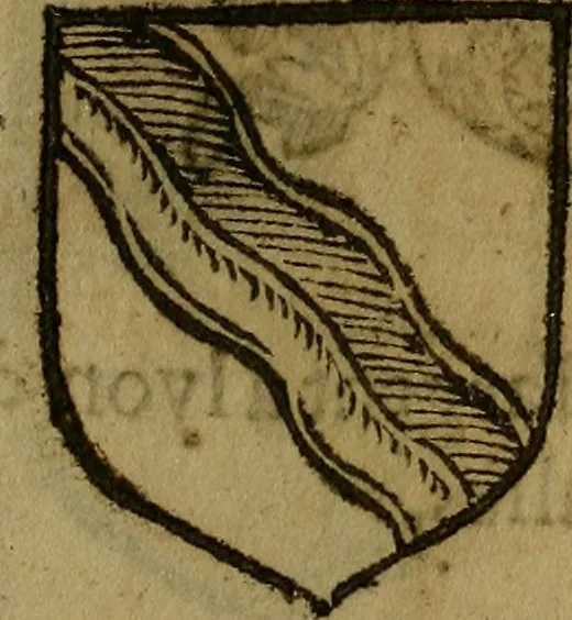An illustration from Le jardin d'armoiries : contenant les armes de plusieurs nobles royaumes & maisons de Germanie Inferieure: oeuvre autant nouveau, que proufitable à tous amateurs du noble exercice d'armes. Den boomagert der wapenen, inhoudende wapenen van vele edele huysen van dese Nederlanden, en andere onliggende .., 1567, leaf 352