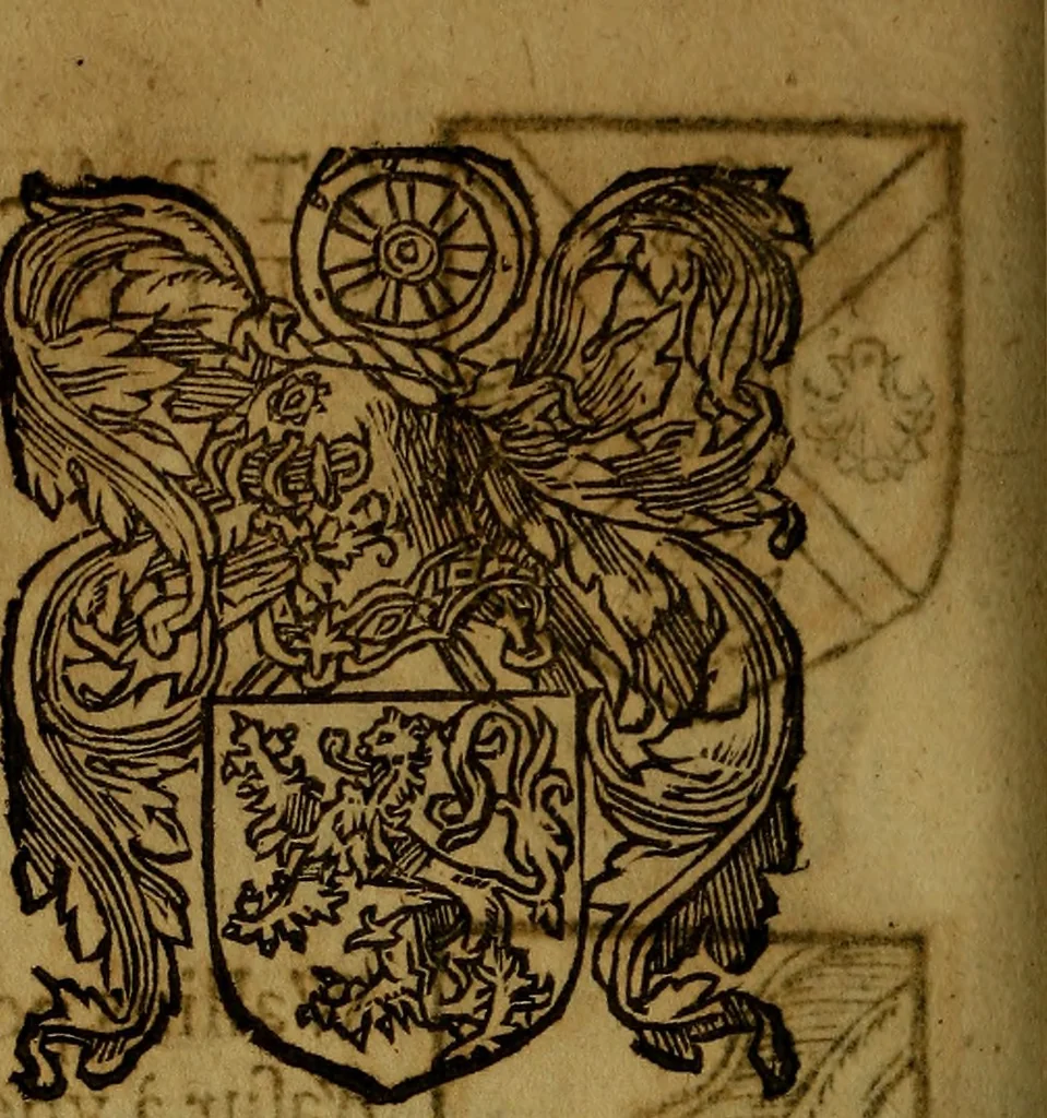 An illustration from Le jardin d'armoiries : contenant les armes de plusieurs nobles royaumes & maisons de Germanie Inferieure: oeuvre autant nouveau, que proufitable à tous amateurs du noble exercice d'armes. Den boomagert der wapenen, inhoudende wapenen van vele edele huysen van dese Nederlanden, en andere onliggende .., 1567, leaf 353