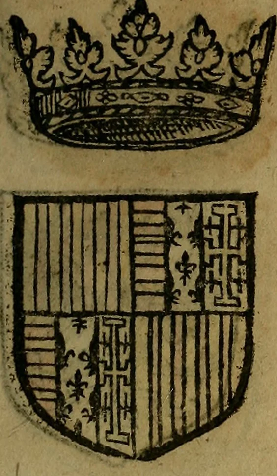 An illustration from Le jardin d'armoiries : contenant les armes de plusieurs nobles royaumes & maisons de Germanie Inferieure: oeuvre autant nouveau, que proufitable à tous amateurs du noble exercice d'armes. Den boomagert der wapenen, inhoudende wapenen van vele edele huysen van dese Nederlanden, en andere onliggende .., 1567, leaf 36