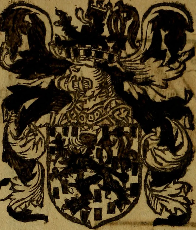 An illustration from Le jardin d'armoiries : contenant les armes de plusieurs nobles royaumes & maisons de Germanie Inferieure: oeuvre autant nouveau, que proufitable à tous amateurs du noble exercice d'armes. Den boomagert der wapenen, inhoudende wapenen van vele edele huysen van dese Nederlanden, en andere onliggende .., 1567, leaf 361