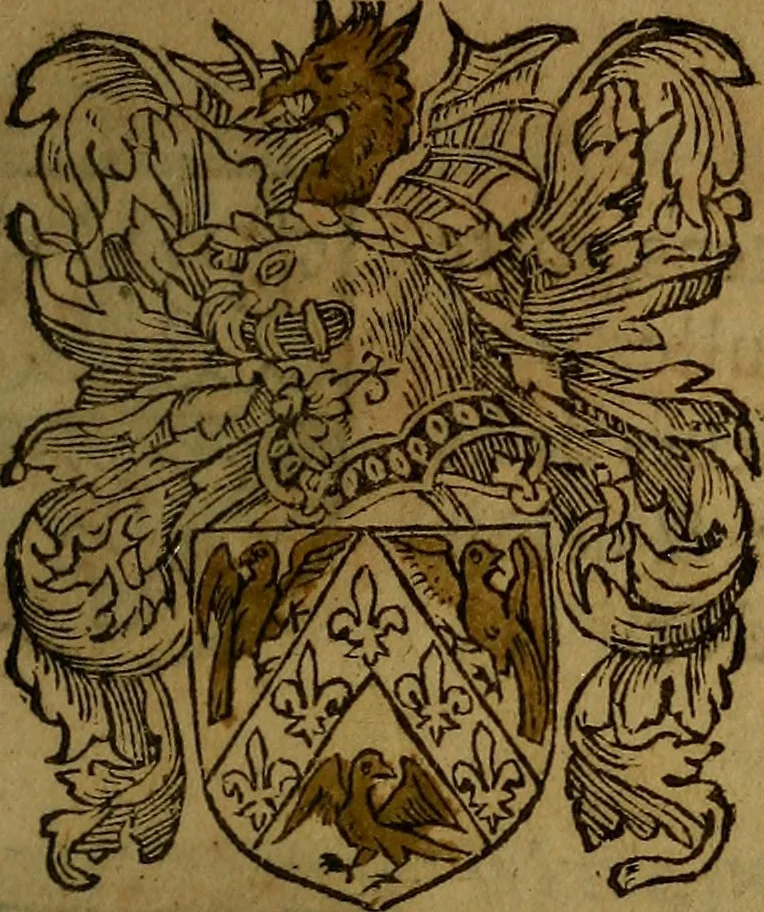 An illustration from Le jardin d'armoiries : contenant les armes de plusieurs nobles royaumes & maisons de Germanie Inferieure: oeuvre autant nouveau, que proufitable à tous amateurs du noble exercice d'armes. Den boomagert der wapenen, inhoudende wapenen van vele edele huysen van dese Nederlanden, en andere onliggende .., 1567, leaf 366