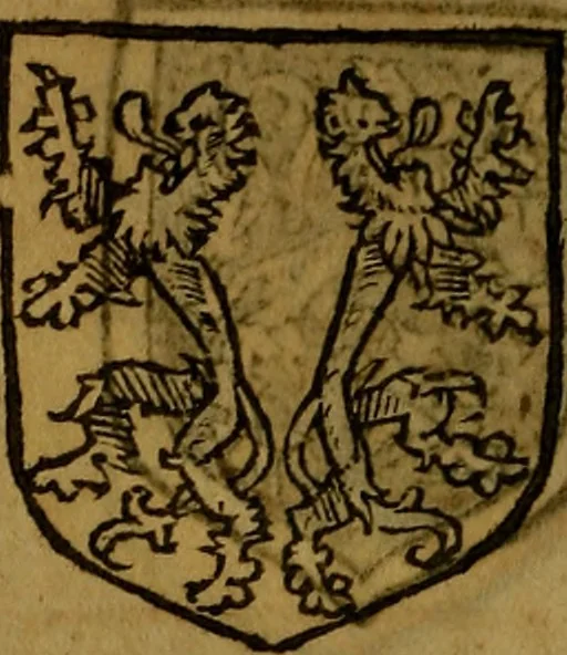 An illustration from Le jardin d'armoiries : contenant les armes de plusieurs nobles royaumes & maisons de Germanie Inferieure: oeuvre autant nouveau, que proufitable à tous amateurs du noble exercice d'armes. Den boomagert der wapenen, inhoudende wapenen van vele edele huysen van dese Nederlanden, en andere onliggende .., 1567, leaf 369