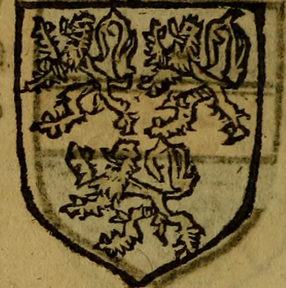 An illustration from Le jardin d'armoiries : contenant les armes de plusieurs nobles royaumes & maisons de Germanie Inferieure: oeuvre autant nouveau, que proufitable à tous amateurs du noble exercice d'armes. Den boomagert der wapenen, inhoudende wapenen van vele edele huysen van dese Nederlanden, en andere onliggende .., 1567, leaf 369