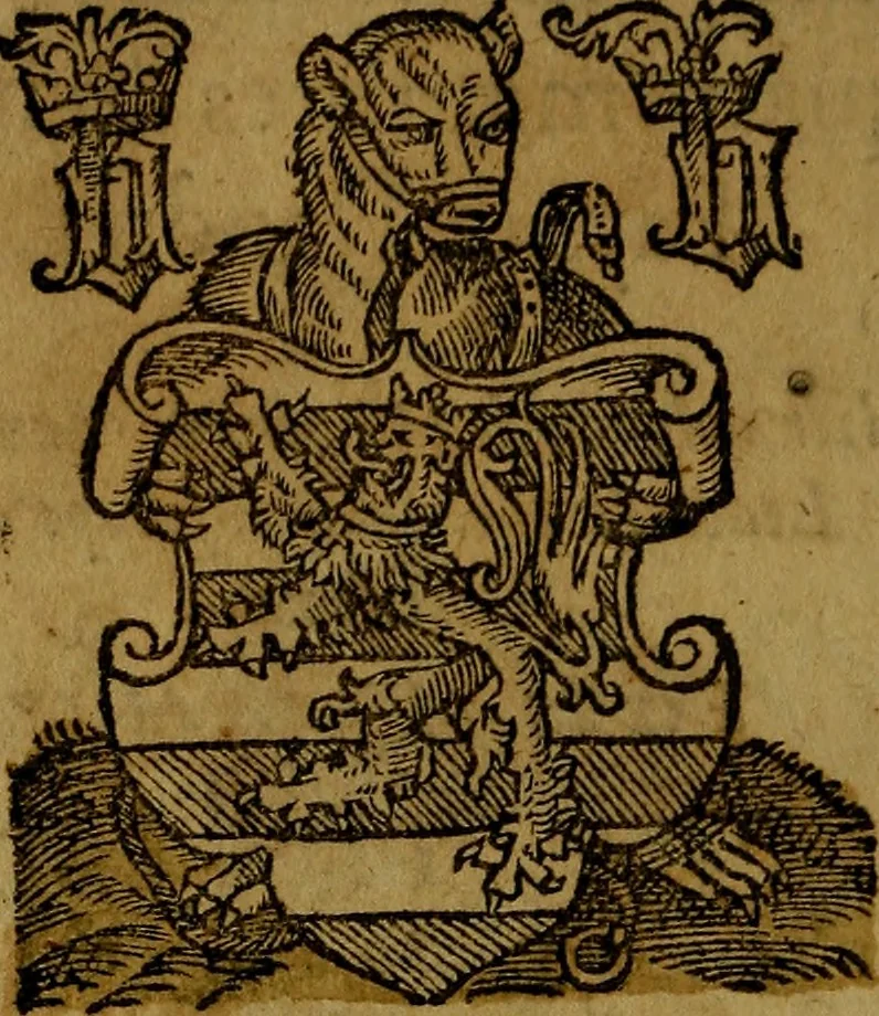 An illustration from Le jardin d'armoiries : contenant les armes de plusieurs nobles royaumes & maisons de Germanie Inferieure: oeuvre autant nouveau, que proufitable à tous amateurs du noble exercice d'armes. Den boomagert der wapenen, inhoudende wapenen van vele edele huysen van dese Nederlanden, en andere onliggende .., 1567, leaf 375