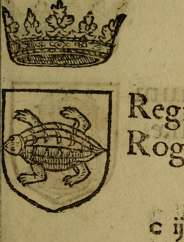 An illustration from Le jardin d'armoiries : contenant les armes de plusieurs nobles royaumes & maisons de Germanie Inferieure: oeuvre autant nouveau, que proufitable à tous amateurs du noble exercice d'armes. Den boomagert der wapenen, inhoudende wapenen van vele edele huysen van dese Nederlanden, en andere onliggende .., 1567, leaf 38