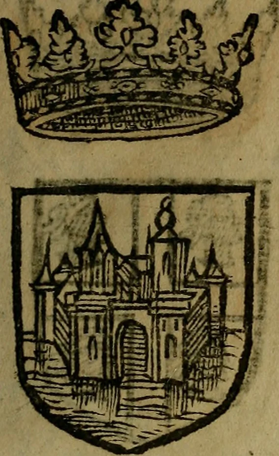 An illustration from Le jardin d'armoiries : contenant les armes de plusieurs nobles royaumes & maisons de Germanie Inferieure: oeuvre autant nouveau, que proufitable à tous amateurs du noble exercice d'armes. Den boomagert der wapenen, inhoudende wapenen van vele edele huysen van dese Nederlanden, en andere onliggende .., 1567, leaf 40