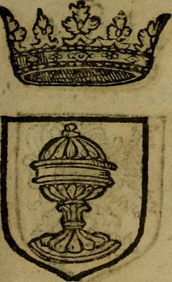 An illustration from Le jardin d'armoiries : contenant les armes de plusieurs nobles royaumes & maisons de Germanie Inferieure: oeuvre autant nouveau, que proufitable à tous amateurs du noble exercice d'armes. Den boomagert der wapenen, inhoudende wapenen van vele edele huysen van dese Nederlanden, en andere onliggende .., 1567, leaf 40