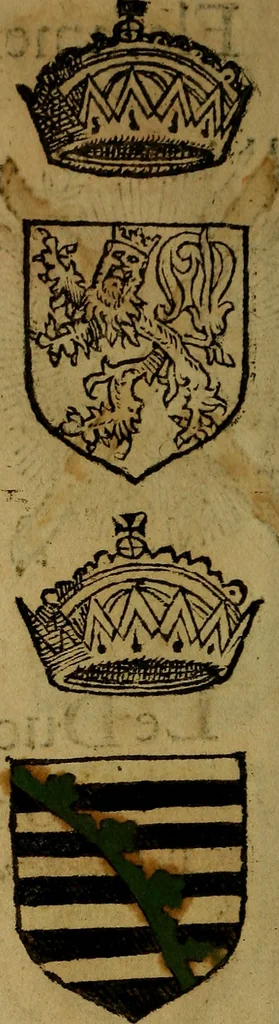 An illustration from Le jardin d'armoiries : contenant les armes de plusieurs nobles royaumes & maisons de Germanie Inferieure: oeuvre autant nouveau, que proufitable à tous amateurs du noble exercice d'armes. Den boomagert der wapenen, inhoudende wapenen van vele edele huysen van dese Nederlanden, en andere onliggende .., 1567, leaf 41