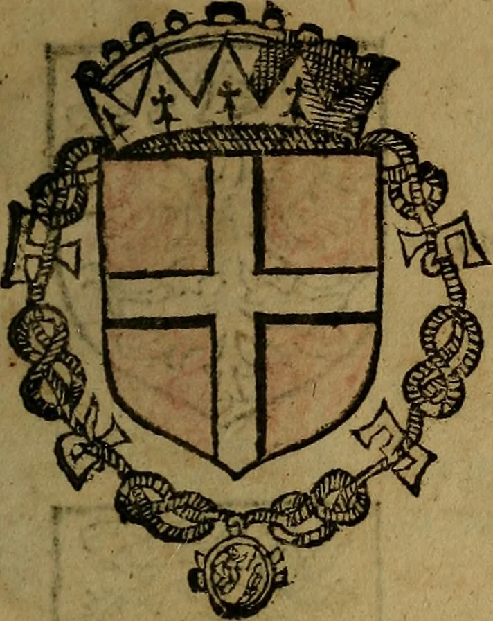 An illustration from Le jardin d'armoiries : contenant les armes de plusieurs nobles royaumes & maisons de Germanie Inferieure: oeuvre autant nouveau, que proufitable à tous amateurs du noble exercice d'armes. Den boomagert der wapenen, inhoudende wapenen van vele edele huysen van dese Nederlanden, en andere onliggende .., 1567, leaf 42
