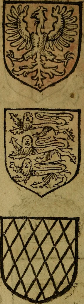 An illustration from Le jardin d'armoiries : contenant les armes de plusieurs nobles royaumes & maisons de Germanie Inferieure: oeuvre autant nouveau, que proufitable à tous amateurs du noble exercice d'armes. Den boomagert der wapenen, inhoudende wapenen van vele edele huysen van dese Nederlanden, en andere onliggende .., 1567, leaf 43