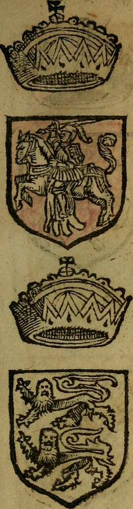 An illustration from Le jardin d'armoiries : contenant les armes de plusieurs nobles royaumes & maisons de Germanie Inferieure: oeuvre autant nouveau, que proufitable à tous amateurs du noble exercice d'armes. Den boomagert der wapenen, inhoudende wapenen van vele edele huysen van dese Nederlanden, en andere onliggende .., 1567, leaf 44