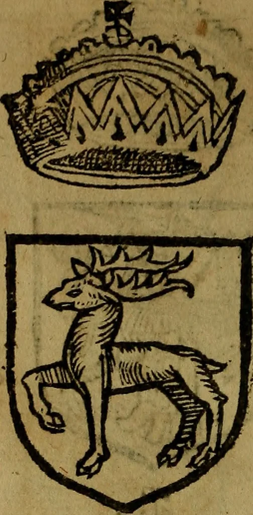 An illustration from Le jardin d'armoiries : contenant les armes de plusieurs nobles royaumes & maisons de Germanie Inferieure: oeuvre autant nouveau, que proufitable à tous amateurs du noble exercice d'armes. Den boomagert der wapenen, inhoudende wapenen van vele edele huysen van dese Nederlanden, en andere onliggende .., 1567, leaf 45