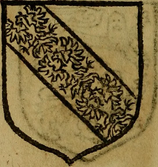 An illustration from Le jardin d'armoiries : contenant les armes de plusieurs nobles royaumes & maisons de Germanie Inferieure: oeuvre autant nouveau, que proufitable à tous amateurs du noble exercice d'armes. Den boomagert der wapenen, inhoudende wapenen van vele edele huysen van dese Nederlanden, en andere onliggende .., 1567, leaf 45