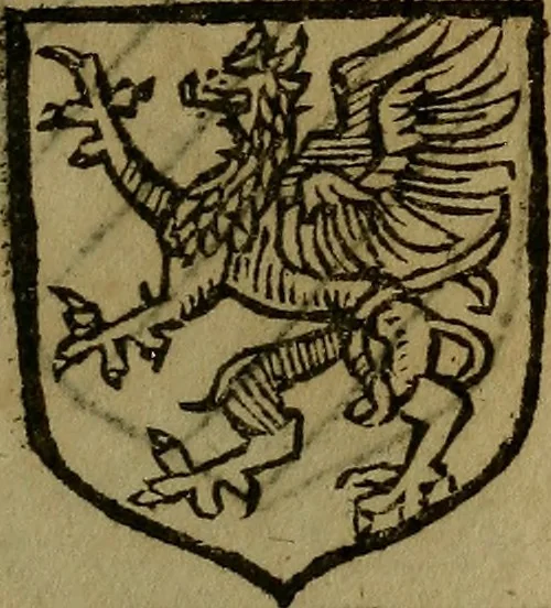 An illustration from Le jardin d'armoiries : contenant les armes de plusieurs nobles royaumes & maisons de Germanie Inferieure: oeuvre autant nouveau, que proufitable à tous amateurs du noble exercice d'armes. Den boomagert der wapenen, inhoudende wapenen van vele edele huysen van dese Nederlanden, en andere onliggende .., 1567, leaf 46