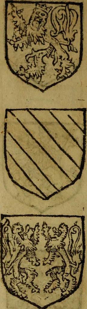An illustration from Le jardin d'armoiries : contenant les armes de plusieurs nobles royaumes & maisons de Germanie Inferieure: oeuvre autant nouveau, que proufitable à tous amateurs du noble exercice d'armes. Den boomagert der wapenen, inhoudende wapenen van vele edele huysen van dese Nederlanden, en andere onliggende .., 1567, leaf 47