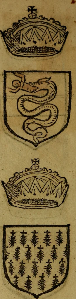 An illustration from Le jardin d'armoiries : contenant les armes de plusieurs nobles royaumes & maisons de Germanie Inferieure: oeuvre autant nouveau, que proufitable à tous amateurs du noble exercice d'armes. Den boomagert der wapenen, inhoudende wapenen van vele edele huysen van dese Nederlanden, en andere onliggende .., 1567, leaf 49