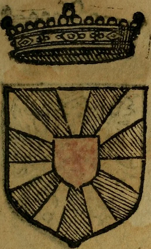 An illustration from Le jardin d'armoiries : contenant les armes de plusieurs nobles royaumes & maisons de Germanie Inferieure: oeuvre autant nouveau, que proufitable à tous amateurs du noble exercice d'armes. Den boomagert der wapenen, inhoudende wapenen van vele edele huysen van dese Nederlanden, en andere onliggende .., 1567, leaf 50