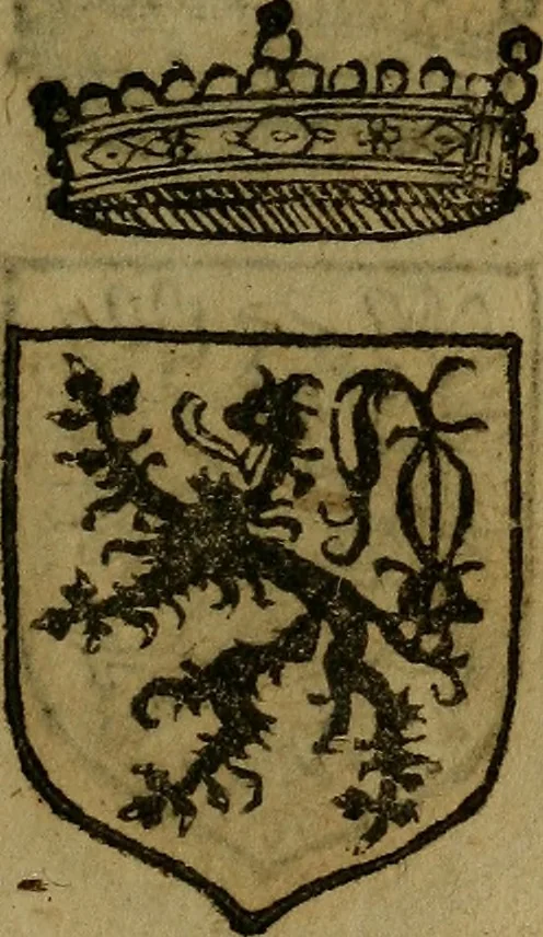 An illustration from Le jardin d'armoiries : contenant les armes de plusieurs nobles royaumes & maisons de Germanie Inferieure: oeuvre autant nouveau, que proufitable à tous amateurs du noble exercice d'armes. Den boomagert der wapenen, inhoudende wapenen van vele edele huysen van dese Nederlanden, en andere onliggende .., 1567, leaf 50