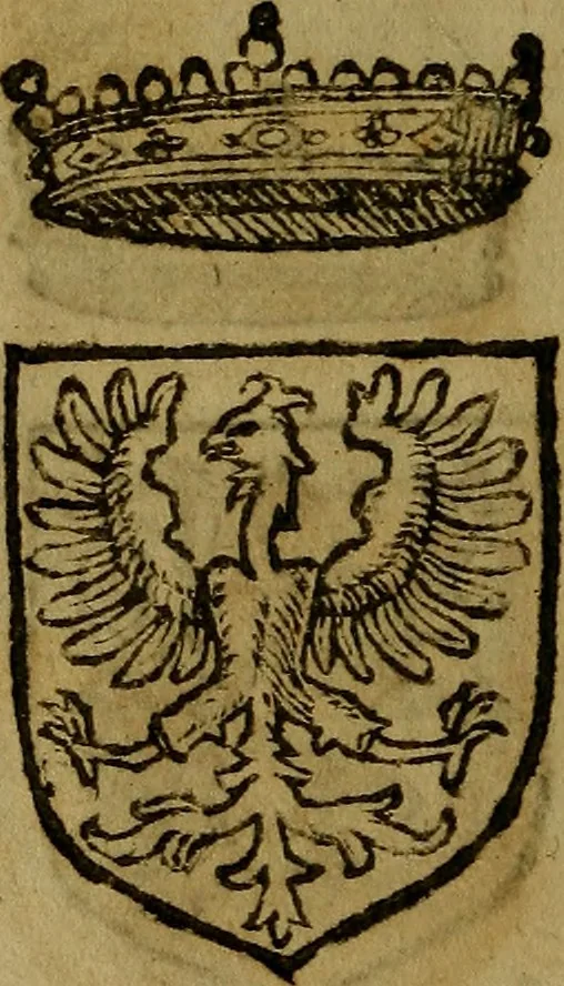 An illustration from Le jardin d'armoiries : contenant les armes de plusieurs nobles royaumes & maisons de Germanie Inferieure: oeuvre autant nouveau, que proufitable à tous amateurs du noble exercice d'armes. Den boomagert der wapenen, inhoudende wapenen van vele edele huysen van dese Nederlanden, en andere onliggende .., 1567, leaf 51
