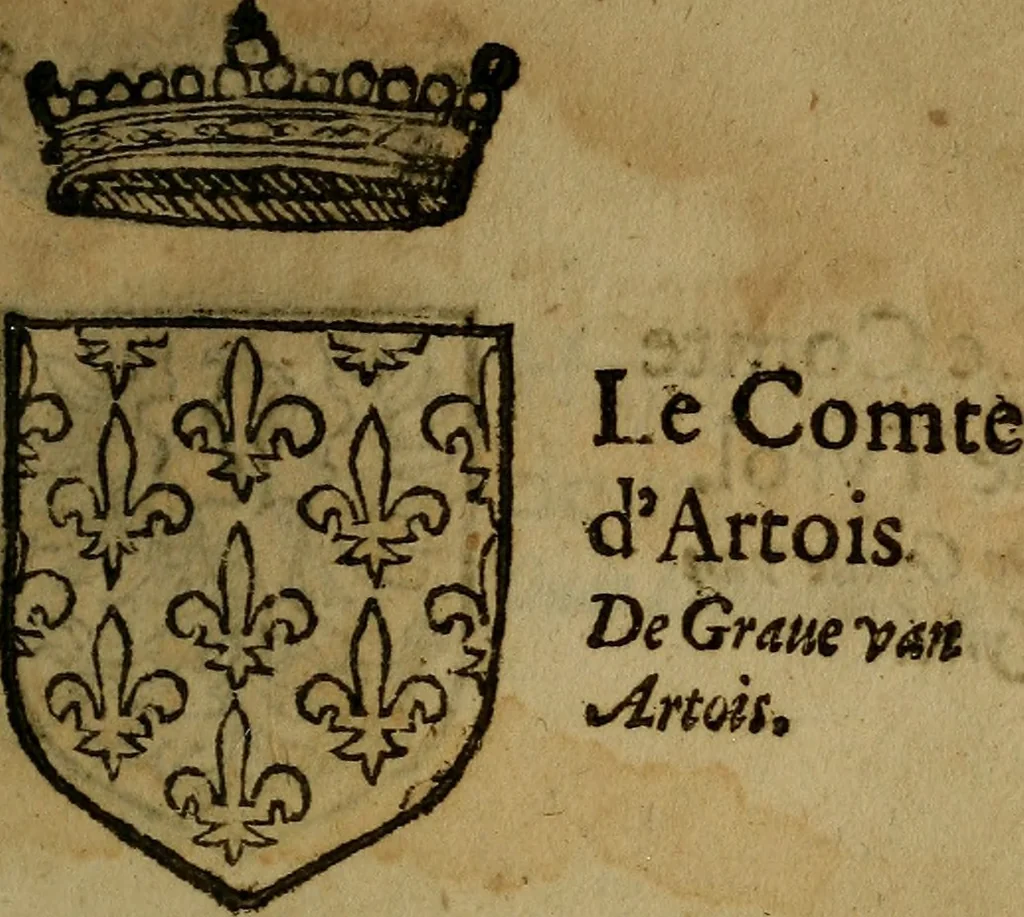 An illustration from Le jardin d'armoiries : contenant les armes de plusieurs nobles royaumes & maisons de Germanie Inferieure: oeuvre autant nouveau, que proufitable à tous amateurs du noble exercice d'armes. Den boomagert der wapenen, inhoudende wapenen van vele edele huysen van dese Nederlanden, en andere onliggende .., 1567, leaf 52