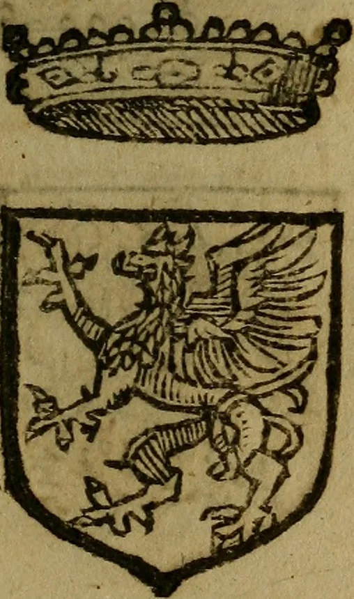 An illustration from Le jardin d'armoiries : contenant les armes de plusieurs nobles royaumes & maisons de Germanie Inferieure: oeuvre autant nouveau, que proufitable à tous amateurs du noble exercice d'armes. Den boomagert der wapenen, inhoudende wapenen van vele edele huysen van dese Nederlanden, en andere onliggende .., 1567, leaf 52