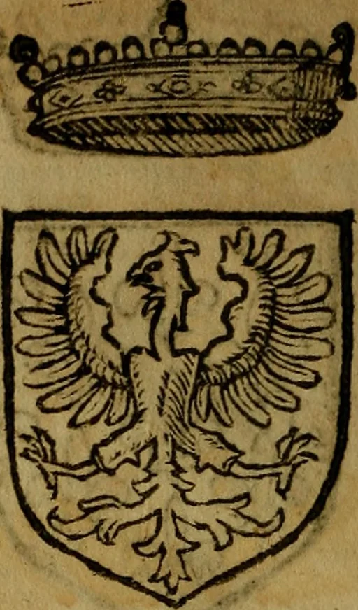 An illustration from Le jardin d'armoiries : contenant les armes de plusieurs nobles royaumes & maisons de Germanie Inferieure: oeuvre autant nouveau, que proufitable à tous amateurs du noble exercice d'armes. Den boomagert der wapenen, inhoudende wapenen van vele edele huysen van dese Nederlanden, en andere onliggende .., 1567, leaf 53