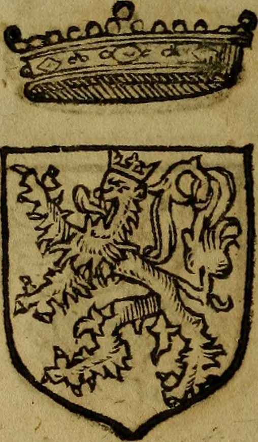 An illustration from Le jardin d'armoiries : contenant les armes de plusieurs nobles royaumes & maisons de Germanie Inferieure: oeuvre autant nouveau, que proufitable à tous amateurs du noble exercice d'armes. Den boomagert der wapenen, inhoudende wapenen van vele edele huysen van dese Nederlanden, en andere onliggende .., 1567, leaf 53