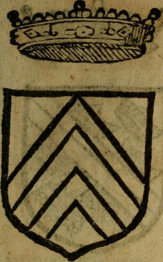An illustration from Le jardin d'armoiries : contenant les armes de plusieurs nobles royaumes & maisons de Germanie Inferieure: oeuvre autant nouveau, que proufitable à tous amateurs du noble exercice d'armes. Den boomagert der wapenen, inhoudende wapenen van vele edele huysen van dese Nederlanden, en andere onliggende .., 1567, leaf 54