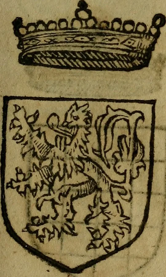 An illustration from Le jardin d'armoiries : contenant les armes de plusieurs nobles royaumes & maisons de Germanie Inferieure: oeuvre autant nouveau, que proufitable à tous amateurs du noble exercice d'armes. Den boomagert der wapenen, inhoudende wapenen van vele edele huysen van dese Nederlanden, en andere onliggende .., 1567, leaf 54