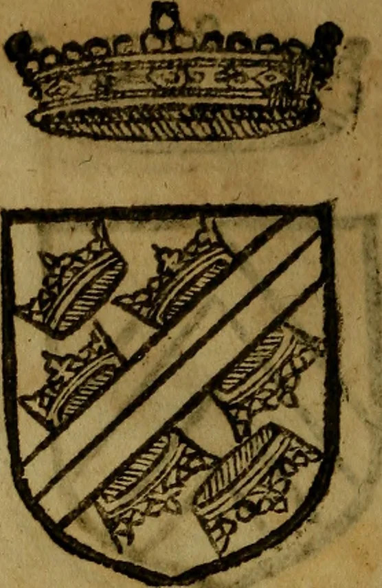 An illustration from Le jardin d'armoiries : contenant les armes de plusieurs nobles royaumes & maisons de Germanie Inferieure: oeuvre autant nouveau, que proufitable à tous amateurs du noble exercice d'armes. Den boomagert der wapenen, inhoudende wapenen van vele edele huysen van dese Nederlanden, en andere onliggende .., 1567, leaf 55