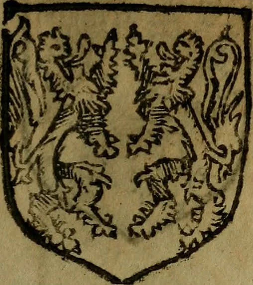 An illustration from Le jardin d'armoiries : contenant les armes de plusieurs nobles royaumes & maisons de Germanie Inferieure: oeuvre autant nouveau, que proufitable à tous amateurs du noble exercice d'armes. Den boomagert der wapenen, inhoudende wapenen van vele edele huysen van dese Nederlanden, en andere onliggende .., 1567, leaf 56