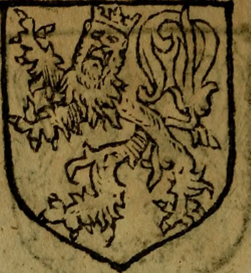 An illustration from Le jardin d'armoiries : contenant les armes de plusieurs nobles royaumes & maisons de Germanie Inferieure: oeuvre autant nouveau, que proufitable à tous amateurs du noble exercice d'armes. Den boomagert der wapenen, inhoudende wapenen van vele edele huysen van dese Nederlanden, en andere onliggende .., 1567, leaf 57