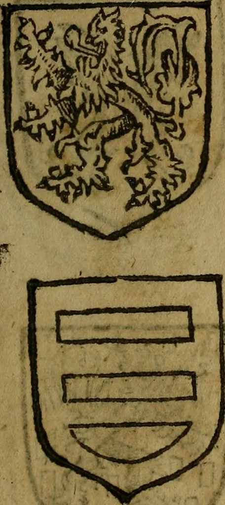 An illustration from Le jardin d'armoiries : contenant les armes de plusieurs nobles royaumes & maisons de Germanie Inferieure: oeuvre autant nouveau, que proufitable à tous amateurs du noble exercice d'armes. Den boomagert der wapenen, inhoudende wapenen van vele edele huysen van dese Nederlanden, en andere onliggende .., 1567, leaf 60