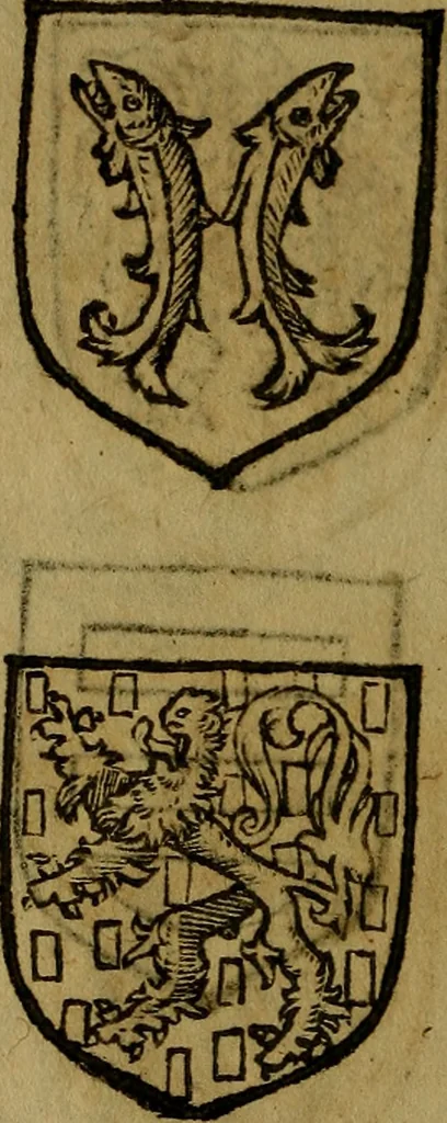 An illustration from Le jardin d'armoiries : contenant les armes de plusieurs nobles royaumes & maisons de Germanie Inferieure: oeuvre autant nouveau, que proufitable à tous amateurs du noble exercice d'armes. Den boomagert der wapenen, inhoudende wapenen van vele edele huysen van dese Nederlanden, en andere onliggende .., 1567, leaf 61