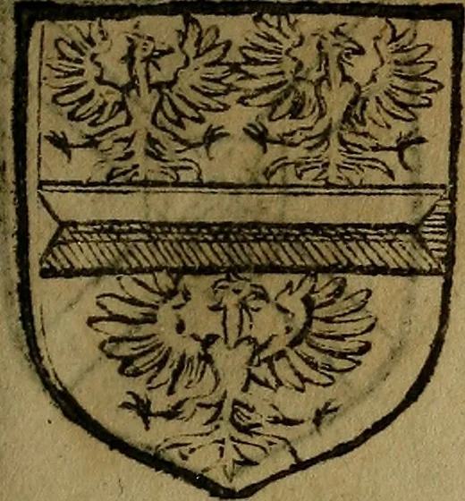 An illustration from Le jardin d'armoiries : contenant les armes de plusieurs nobles royaumes & maisons de Germanie Inferieure: oeuvre autant nouveau, que proufitable à tous amateurs du noble exercice d'armes. Den boomagert der wapenen, inhoudende wapenen van vele edele huysen van dese Nederlanden, en andere onliggende .., 1567, leaf 62