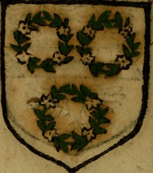 An illustration from Le jardin d'armoiries : contenant les armes de plusieurs nobles royaumes & maisons de Germanie Inferieure: oeuvre autant nouveau, que proufitable à tous amateurs du noble exercice d'armes. Den boomagert der wapenen, inhoudende wapenen van vele edele huysen van dese Nederlanden, en andere onliggende .., 1567, leaf 65