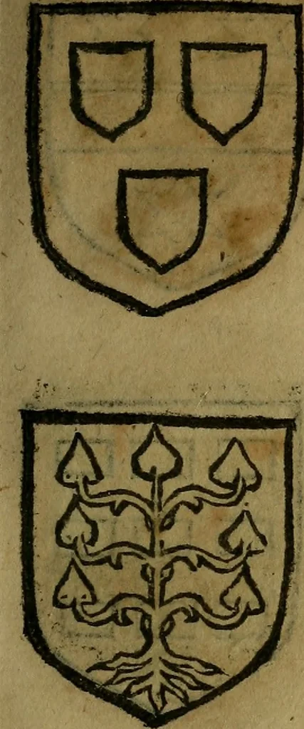 An illustration from Le jardin d'armoiries : contenant les armes de plusieurs nobles royaumes & maisons de Germanie Inferieure: oeuvre autant nouveau, que proufitable à tous amateurs du noble exercice d'armes. Den boomagert der wapenen, inhoudende wapenen van vele edele huysen van dese Nederlanden, en andere onliggende .., 1567, leaf 66