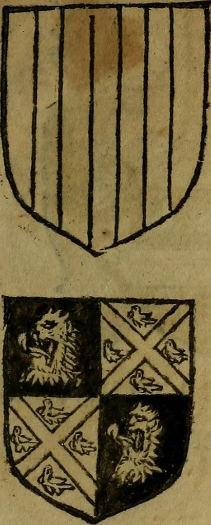 An illustration from Le jardin d'armoiries : contenant les armes de plusieurs nobles royaumes & maisons de Germanie Inferieure: oeuvre autant nouveau, que proufitable à tous amateurs du noble exercice d'armes. Den boomagert der wapenen, inhoudende wapenen van vele edele huysen van dese Nederlanden, en andere onliggende .., 1567, leaf 74