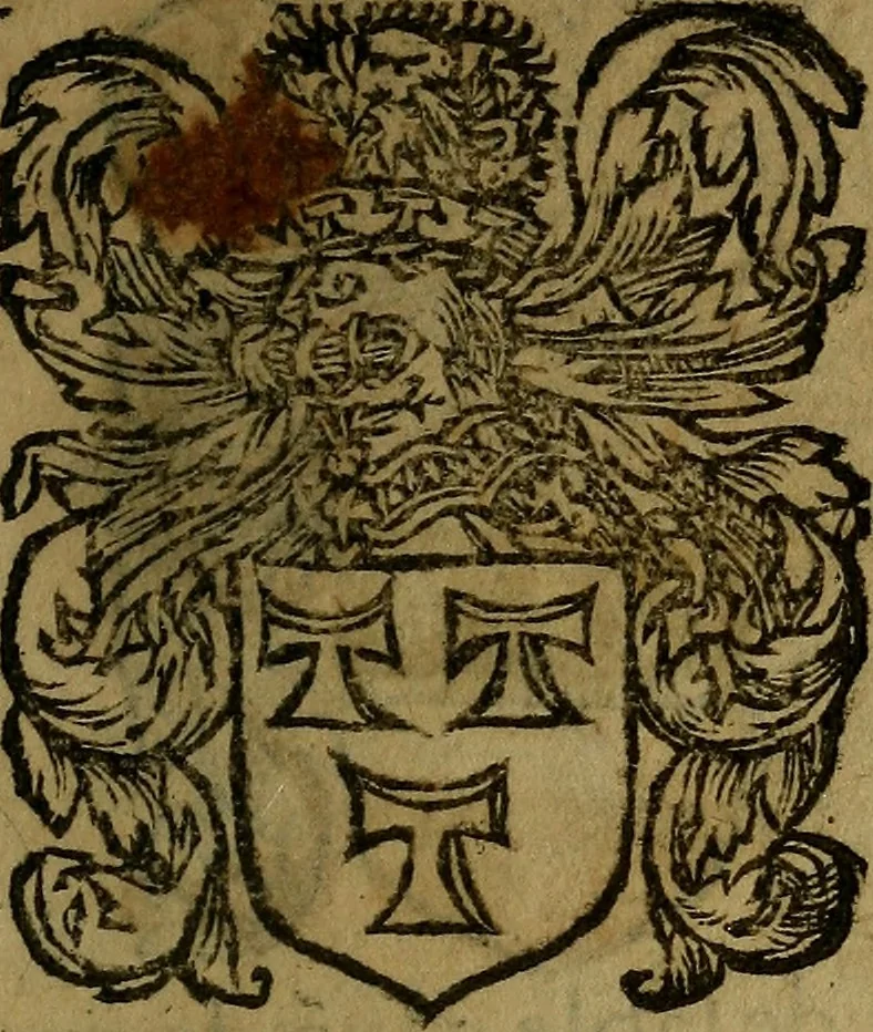 An illustration from Le jardin d'armoiries : contenant les armes de plusieurs nobles royaumes & maisons de Germanie Inferieure: oeuvre autant nouveau, que proufitable à tous amateurs du noble exercice d'armes. Den boomagert der wapenen, inhoudende wapenen van vele edele huysen van dese Nederlanden, en andere onliggende .., 1567, leaf 76
