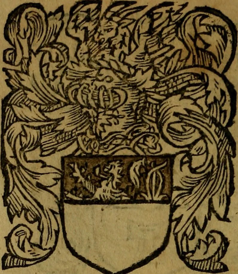 An illustration from Le jardin d'armoiries : contenant les armes de plusieurs nobles royaumes & maisons de Germanie Inferieure: oeuvre autant nouveau, que proufitable à tous amateurs du noble exercice d'armes. Den boomagert der wapenen, inhoudende wapenen van vele edele huysen van dese Nederlanden, en andere onliggende .., 1567, leaf 77
