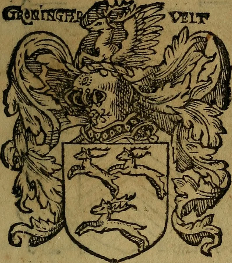 An illustration from Le jardin d'armoiries : contenant les armes de plusieurs nobles royaumes & maisons de Germanie Inferieure: oeuvre autant nouveau, que proufitable à tous amateurs du noble exercice d'armes. Den boomagert der wapenen, inhoudende wapenen van vele edele huysen van dese Nederlanden, en andere onliggende .., 1567, leaf 78