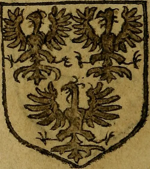 An illustration from Le jardin d'armoiries : contenant les armes de plusieurs nobles royaumes & maisons de Germanie Inferieure: oeuvre autant nouveau, que proufitable à tous amateurs du noble exercice d'armes. Den boomagert der wapenen, inhoudende wapenen van vele edele huysen van dese Nederlanden, en andere onliggende .., 1567, leaf 81