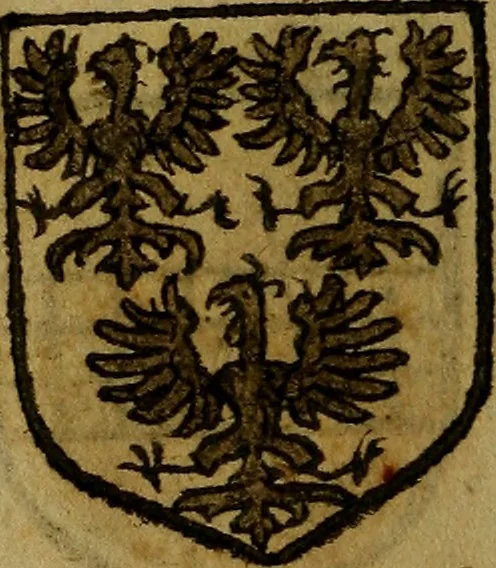 An illustration from Le jardin d'armoiries : contenant les armes de plusieurs nobles royaumes & maisons de Germanie Inferieure: oeuvre autant nouveau, que proufitable à tous amateurs du noble exercice d'armes. Den boomagert der wapenen, inhoudende wapenen van vele edele huysen van dese Nederlanden, en andere onliggende .., 1567, leaf 83