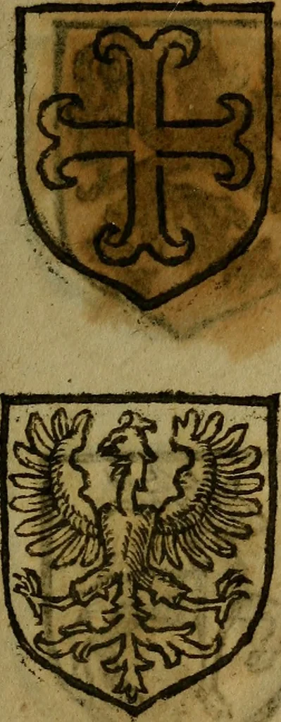 An illustration from Le jardin d'armoiries : contenant les armes de plusieurs nobles royaumes & maisons de Germanie Inferieure: oeuvre autant nouveau, que proufitable à tous amateurs du noble exercice d'armes. Den boomagert der wapenen, inhoudende wapenen van vele edele huysen van dese Nederlanden, en andere onliggende .., 1567, leaf 86