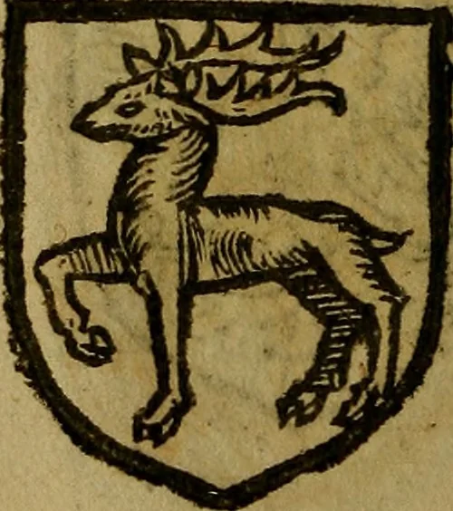 An illustration from Le jardin d'armoiries : contenant les armes de plusieurs nobles royaumes & maisons de Germanie Inferieure: oeuvre autant nouveau, que proufitable à tous amateurs du noble exercice d'armes. Den boomagert der wapenen, inhoudende wapenen van vele edele huysen van dese Nederlanden, en andere onliggende .., 1567, leaf 87