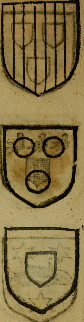 An illustration from Le jardin d'armoiries : contenant les armes de plusieurs nobles royaumes & maisons de Germanie Inferieure: oeuvre autant nouveau, que proufitable à tous amateurs du noble exercice d'armes. Den boomagert der wapenen, inhoudende wapenen van vele edele huysen van dese Nederlanden, en andere onliggende .., 1567, leaf 89