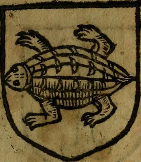 An illustration from Le jardin d'armoiries : contenant les armes de plusieurs nobles royaumes & maisons de Germanie Inferieure: oeuvre autant nouveau, que proufitable à tous amateurs du noble exercice d'armes. Den boomagert der wapenen, inhoudende wapenen van vele edele huysen van dese Nederlanden, en andere onliggende .., 1567, leaf 90
