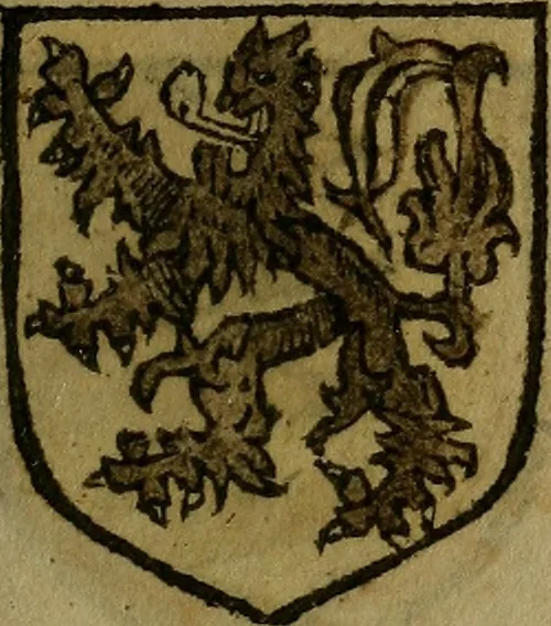 An illustration from Le jardin d'armoiries : contenant les armes de plusieurs nobles royaumes & maisons de Germanie Inferieure: oeuvre autant nouveau, que proufitable à tous amateurs du noble exercice d'armes. Den boomagert der wapenen, inhoudende wapenen van vele edele huysen van dese Nederlanden, en andere onliggende .., 1567, leaf 96