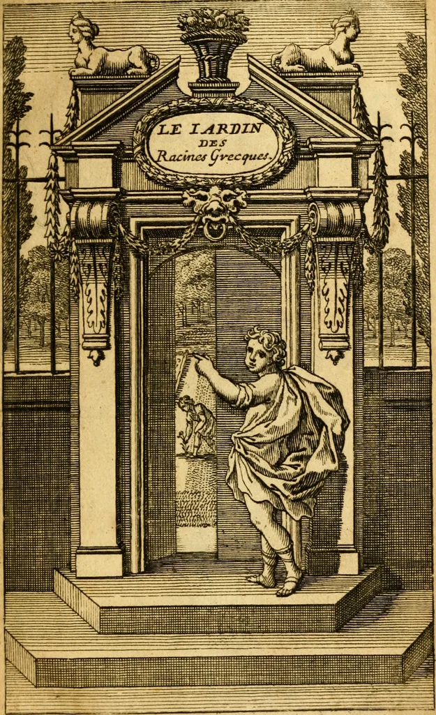 An illustration from Le jardin des racines greques : mises en vers François. Avec vn traitté des prépositions, & autres particules indeclinables, et un recueil alphabetique des mots François tirez de la langue greque, soit par allusion, soit par étymologie, 1674, leaf 2